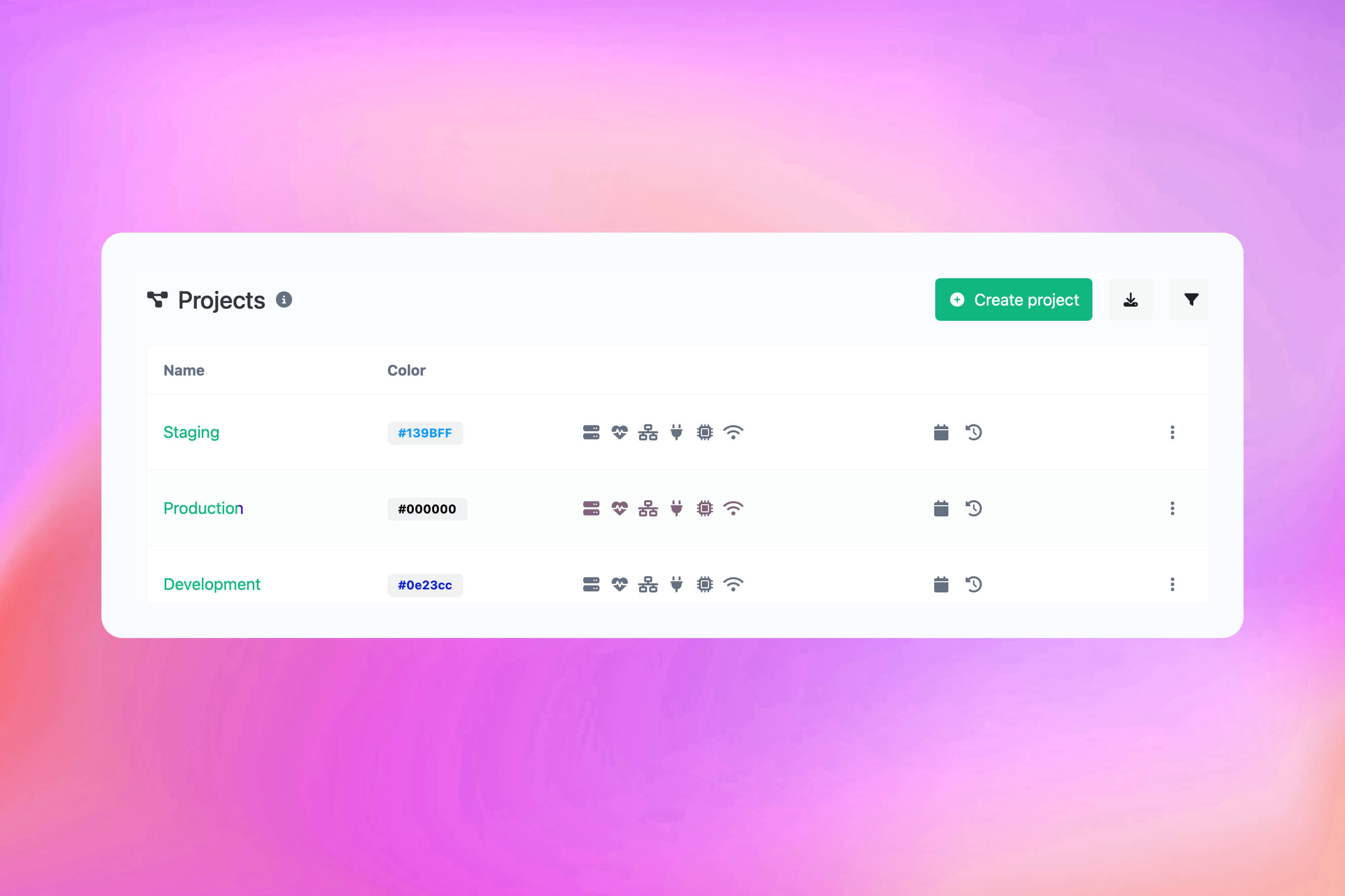 Captura de tela da página de organização por projetos dentro do aplicativo